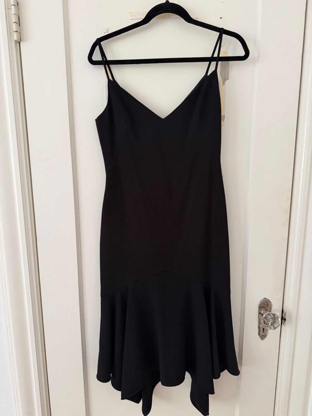Black Halo Black V-Neck Slip Midi Dress with Flounced Hem